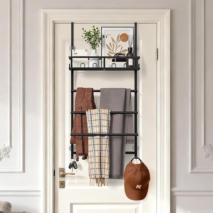 Aetyord Towel Racks for Bathroom Over the Door Towel Rack Towel Storage with Metal Shelf Basket and Hooks Black