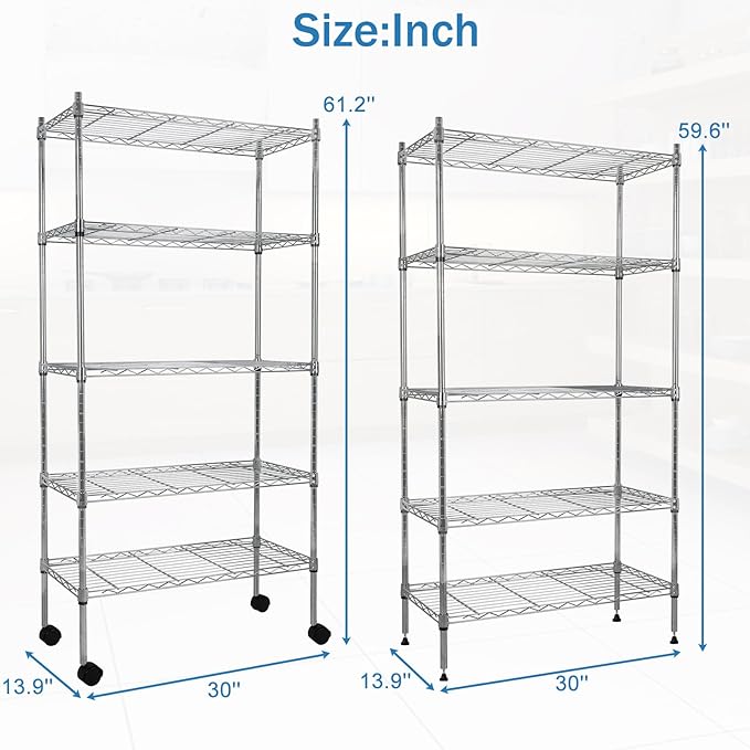 5-Tier Heavy Duty Storage Shelving Unit, Metal Shelves for Garage, Pantry, Kitchen Organization – Adjustable Wire Rack Shelf Organizer, 60"x30"x14", 1250lbs, Chrome