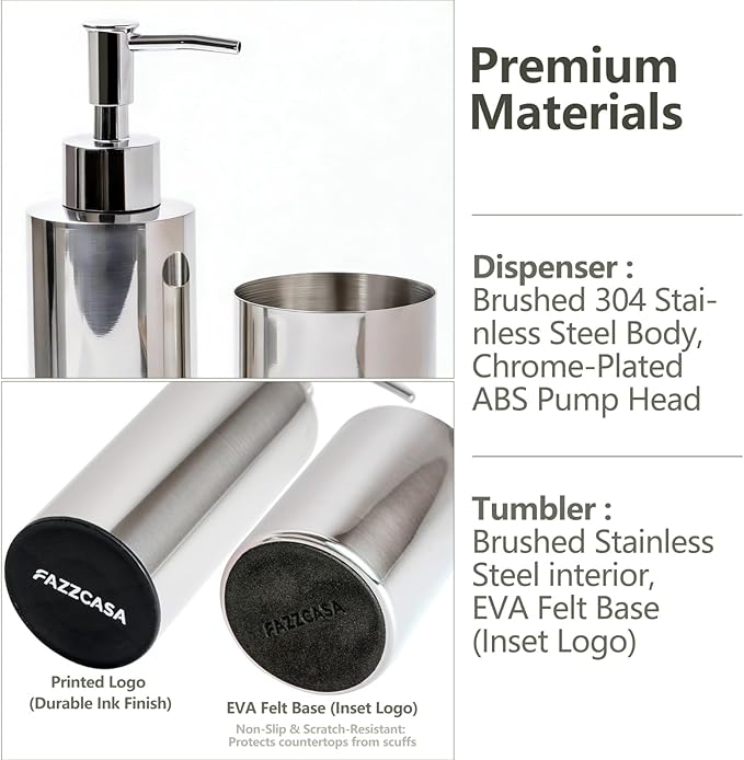 Stainless Steel Round 2PCS Bathroom Set, Soap Dispenser & Toothbrush Holder Set, Suitable for Kitchen and Bathroom Hand Washing Liquid Bath Gel Shampoo, （7.5OZ/220ML）