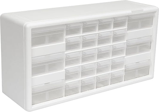 Akro-Mils 26-Drawer Plastic Drawer Storage Cabinet for Garage Organization, Bead Organizer, Building Bricks Storage, Teacher Toolbox, Makeup Organizer, 20" W x 6" D x 10" H, 10124 White