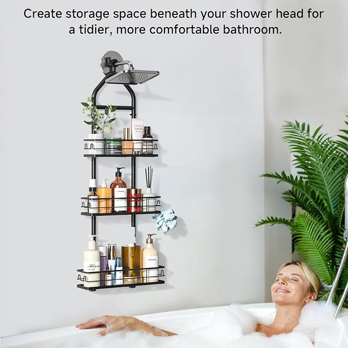3 Tier Hanging Shower Head Caddy, Adjustable Hanging Shower Caddy Over Showerhead, Standing Shower Caddy No Drilling Handing Racks Rustproof for Bathroom Shampoo Soap Storage