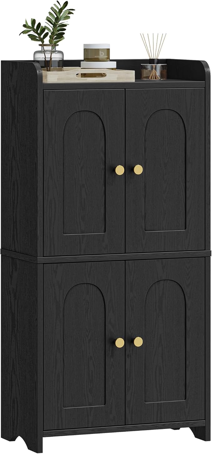 HEXCELEN Small Storage Cabinet, Bathroom Storage Cabinet with 4 Doors, Floor Bathroom Organizer Freestanding for Small Spaces, Living Room, Kitchen, Entryway (Mediterranean, Black)