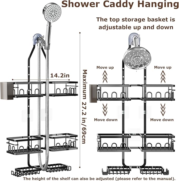 Adjustable Shower Caddy Hanging Rustproof Shower Caddy Shower Organizer for Over Handheld or Fixed Shower Heads with Hooks Soap Holder Toothbrush Holder