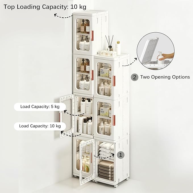 Tall Narrow Storage Cabinet with Movable Wheels, Adjustable Shelves & Magnetic Doors – Foldable Slim Plastic Organizer for Bathroom, Kitchen, Laundry, Ideal for Small Spaces(4-Tier,White)