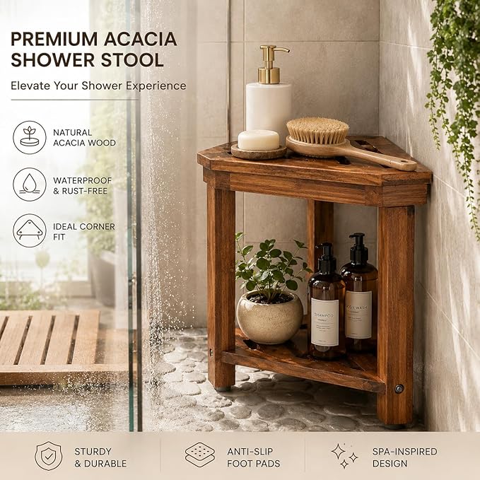 Acacia Wood Shower Stool for Shaving Legs, Shower Foot Rest with Storage Shelf for Inside Small Shower Spaces, Waterproof Shower Foot Stool for Inside Shower, Corner Bath Shower Bench