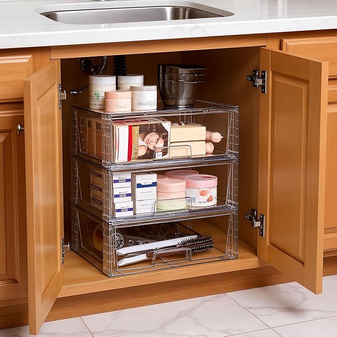 Wide Large Stackable Storage Drawers(3 Pack),Multi-purpose Clear Plastic Organizer Bins with Handles, Easy to Assemble for Bathroom Home Closet Under Sink Kitchen Pantry Medicine Cabinet