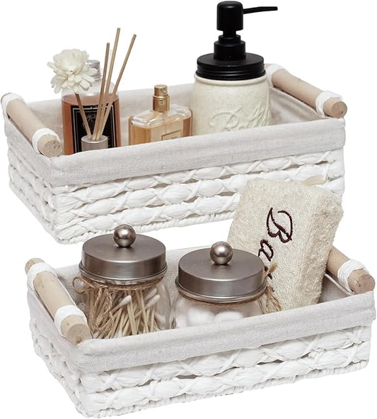 Storage Basket Wicker Baskets for Organizing with Handle Decorative Storage Bins for Countertop Toilet Paper Storage Basket for Toilet Tank Top Small Baskets Set (Set of 2,White)