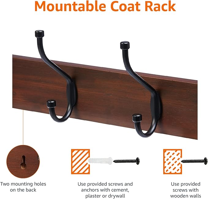 Amazon Basics Rectangular Farmhouse Wall-Mounted Coat Rack for Entryway and Bedroom, Storage Organizer, 5 Double Hooks, Light Walnut | Farmhouse