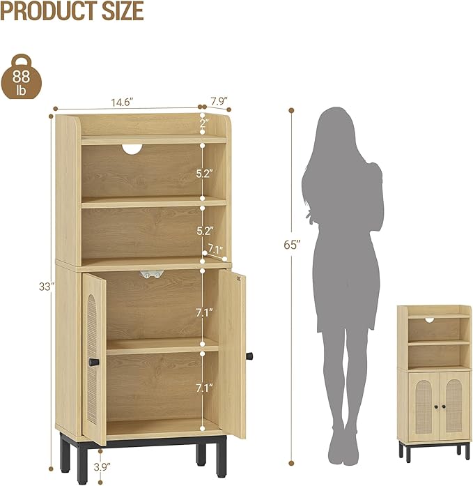 Hzuaneri Bathroom Storage Cabinet, Small Floor Cabinet with 2 Door and Shelves, Toilet Paper Cabinets, Bathroom Organizer with Adjustable Shelf, for Small Spaces Rattan Black 7.1" Dx14.6 Wx32.7 H