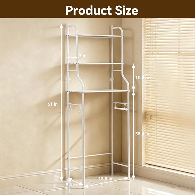 3-Tier Over The Toilet Rack,Bathroom Shelf Space Saver,Corner Stand Storage Organizer Accessories,The Over The Toilet Storage,with Hanging Rod,Tower Shelf,White