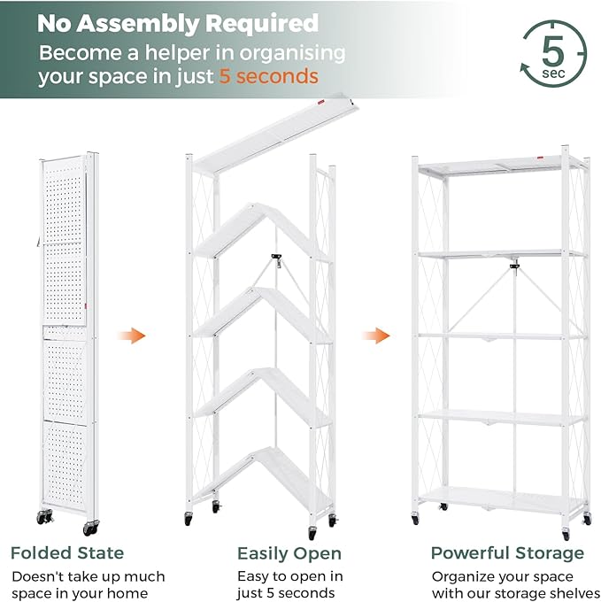 DEANIC 5 Tier Foldable Storage Shelves with Wheels, Large Capacity Shelving Unit, Freestanding Metal Wire Shelf Rack, No Assembly Organizer Rack for Garage Kitchen, Basement, Pantry(White)