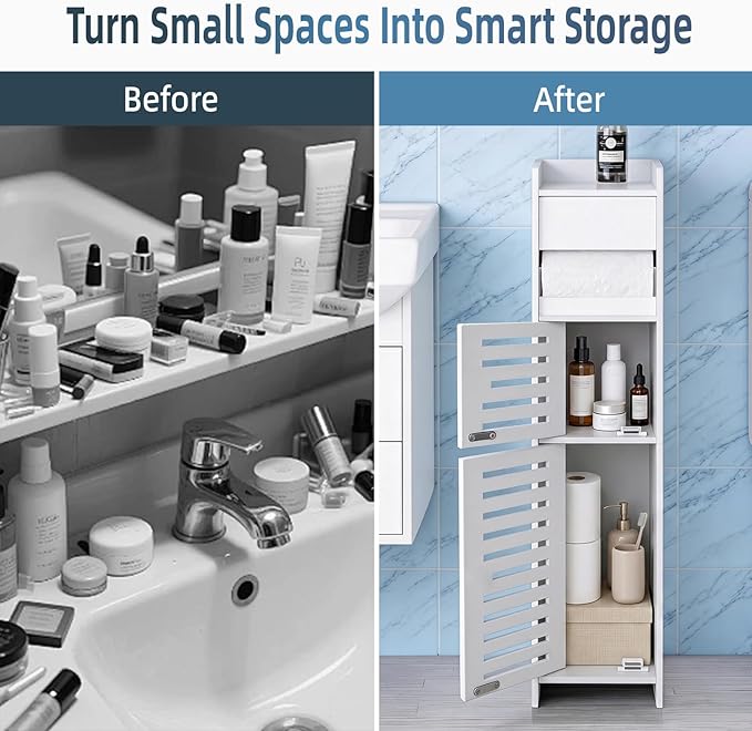 BorealBear Slim Bathroom Storage Cabinet with Toilet Paper Holder, Narrow Bathroom Cabinet for Small Spaces, Freestanding Organizer with Door & Shelves, Space Saving White Bathroom Cabinet