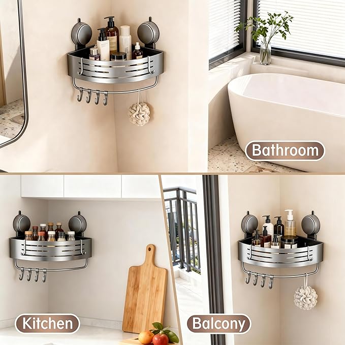 No-Drilling Corner Suction Cup Shower Caddy(1-Pack Gray),Rust-Proof and Durable Bathroom Organizer with Towel Bar & Hooks,Modern Large-Capacity Wall-Mounted Shower Shelf