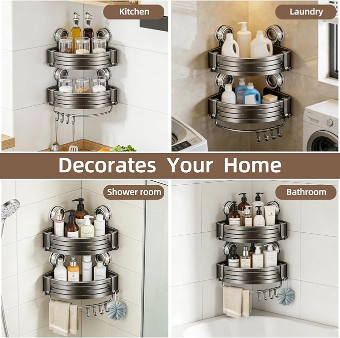 Corner Shower Caddy,Suction Cup Shower Bathroom Wall Shelf,No Drill Rust Proof Aluminum Organizer with Hooks,Floating Rack for Inside (Suction Cup Corner Shower Caddy,2 Tier,Gray)