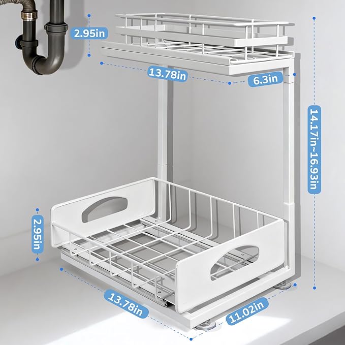 2 Pack Under Sink Organizer Upgrade To Professional Rails, 2-Tier Dual Pull Out Cabinet Storage, Height Adjustable Slide Out Drawers For Bathroom Kitchen General Purpose Storage Bins For Household Use
