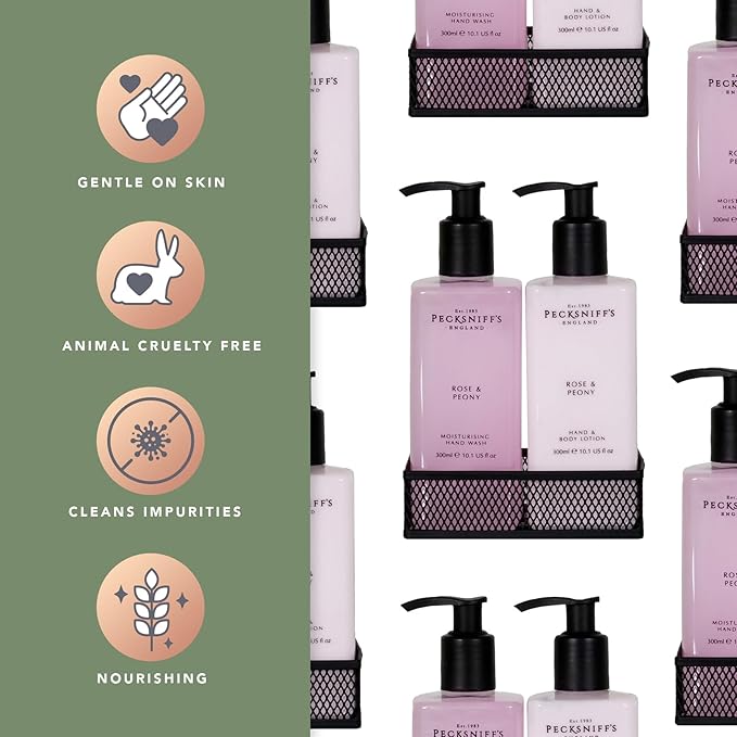 Pecksniffs Moisturizing Hand Wash and Hand & Body Lotion Caddy Set - Rose & Peony in a Black Mesh Caddy, 300 ml/10.14 fl oz