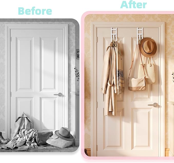 Over The Door Hooks - 2 Pack Heavy Duty Triple-Hook Organizer Hanger with Rubber for Towels, Clothes, Hats & Bags Use in Bathroom, Bedroom, Kitchen - Fits Interior Doors (White, Shape A)