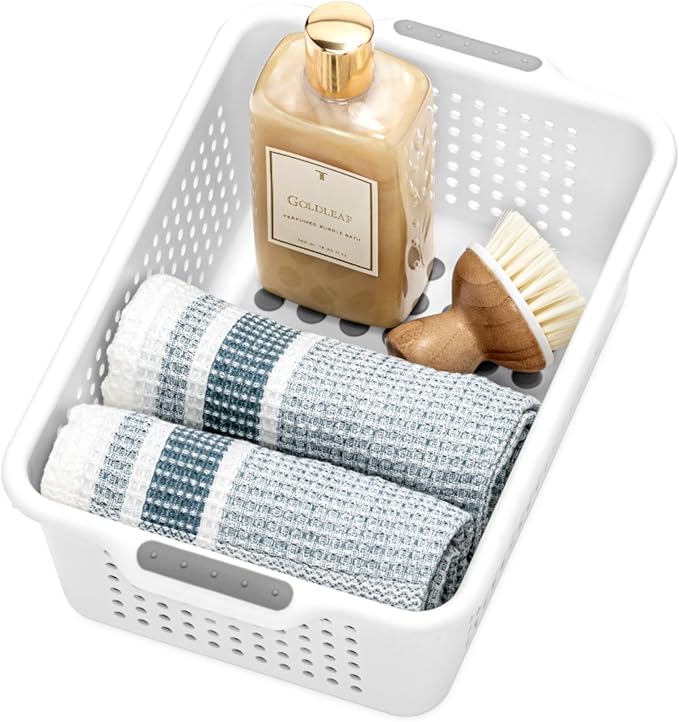 madesmart Small Storage Basket, Multipurpose Organizer with Soft-Grip Handles & Non-Slip Feet, Heavy-Duty Ventilated Design for Laundry, Bath & Kitchen, White, 12 x 8 x 4"