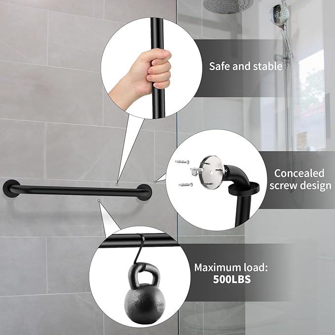 2 Pack 24 Inch Black Shower Grab Bars, ZUEXT Stainless Steel Bathroom Wall Grab Bar Handle, Shower Balance Bar, Safety Hand Rail Support,Handicap Elderly Senior Assist Bath Grab Handle(1.25" Diameter)