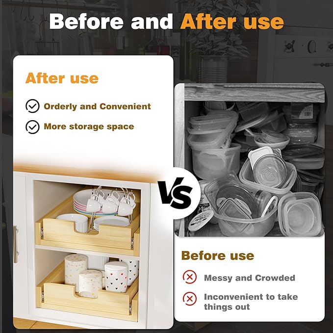 Pull Out Cabinet Organizer, 11''W×21''D Sliding Drawers for Cabinets, Soft Close Slide Out Wooden Pull out Drawers, Base Cabinet Organization for Kitchen, Pantry, Bathroom