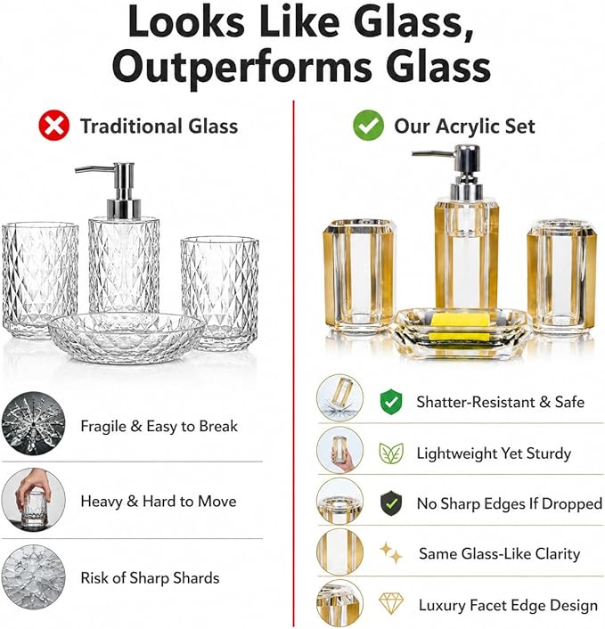 4-Piece Gold Bathroom Accessories Set — Soap Dispenser, Soap Dish, Mouthwash Cup & Toothbrush Holder, Acrylic with Brushed Gold Accent, Luxury Vanity Countertop Organizer
