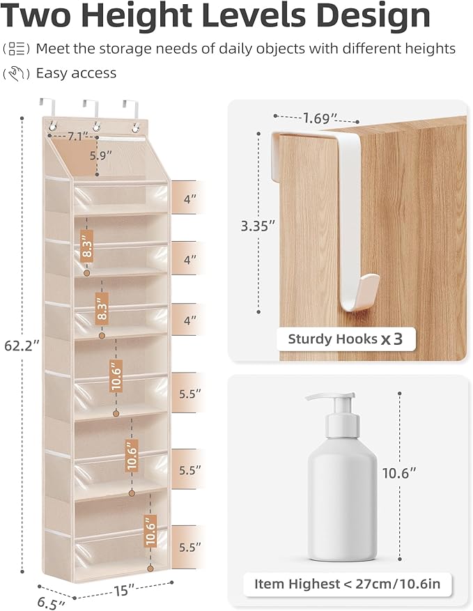 STORAGE MANIAC Over the Door Organizer Large Capacity Hanging Organizer, Clear Deep Pockets Behind Door Closet Organizer and Storage for Nursery, Bathroom, Bedroom, Pantry, 1 Pack Oat Beige