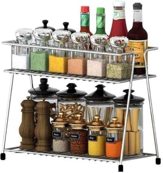 Stainless Steel Spice 2-Tier Trolley Container Kitchen Organizer storage rack/Basket for Boxes Utensils Dishes Plates for Home (Multipurpose Kitchen Storage Shelf Shelves Holder Stand