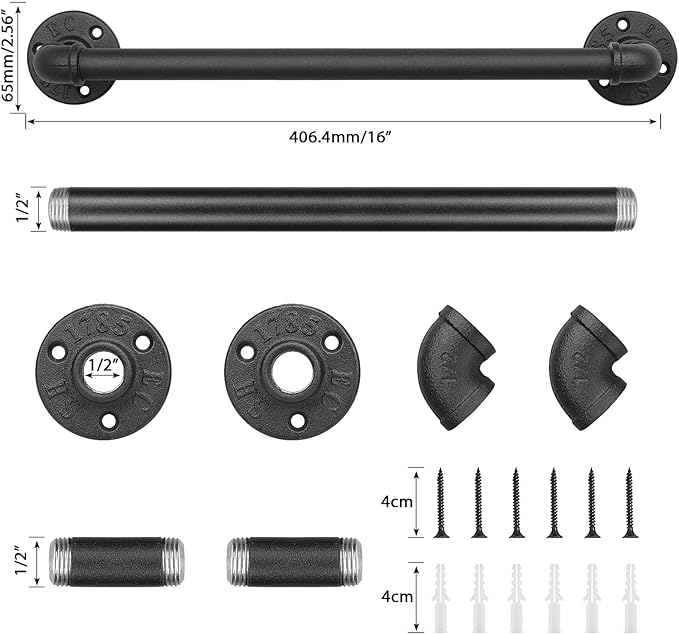 Industrial Pipe Towel Rack Towel Bar, Heavy Duty Wall Mounted Rustic Farmhouse Bath Towel Holder for Bathroom (Black, 16 inch)