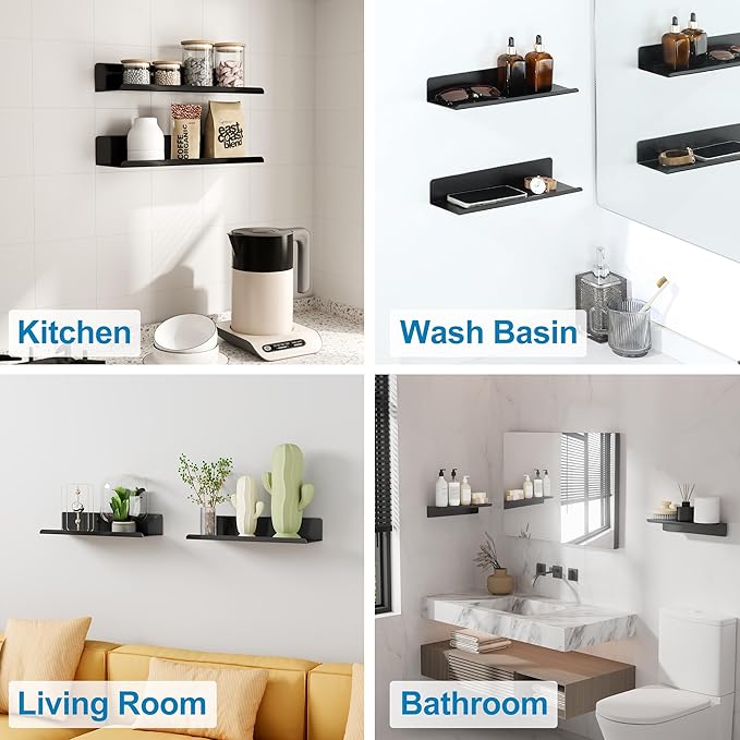 SAYAYO Black Floating Shelves for Wall Storage, 12 Inch Adhesive Wall Shelves for Bedroom Decor, Small Display Bathroom Shelf Organizer for Kitchen, Living Room, Office, 2pcs
