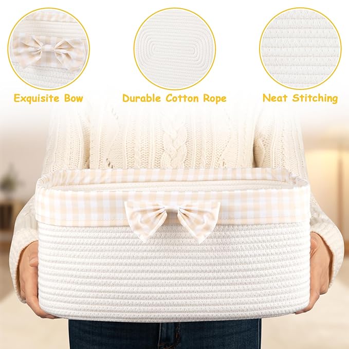 OIASKET Basket for Gifts Empty, Large Gift Basket 19L with Gift Bag and Ribbon, Woven Cotton Basket for Baby Showers, Birthday, Wedding, Mother's Day, 15.35"x11.42"x6.69", White and Cream