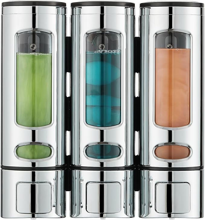Shampoo and Conditioner Dispenser,Shower Shampoo Dispenser 3 Chamber No Drilled Shampoo Dispenser for Shower Wall Mounted Shower Dispenser Body Wash Dispenser for Bathroom Kitchen Hotel,Chrome