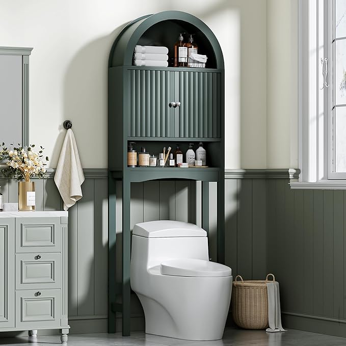 Spurgehom Over The Toilet Storage Cabinet, Bathroom Shelf Organizer Freestanding, Bathroom Arch Cabinet Over Toilet with Fluted Door and Anti-Tipping Device, Green