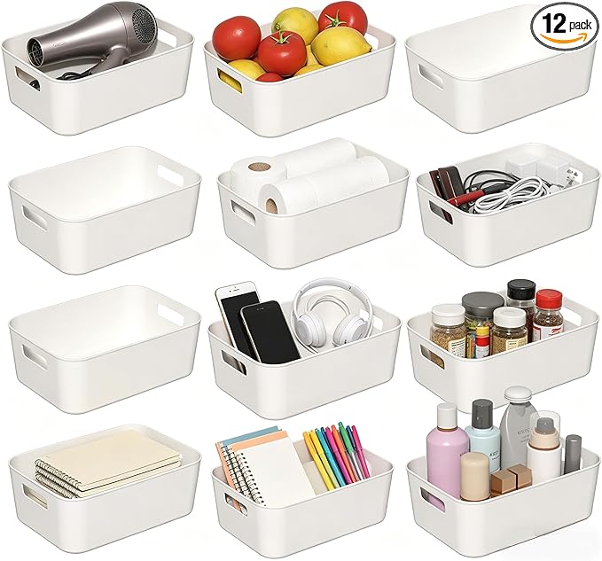 12 Pack Plastic Storage Bins, Multi-Use Organizer Bins, Perfect for Kitchen, Cabinet, Bathroom, Under Sink Storage, White