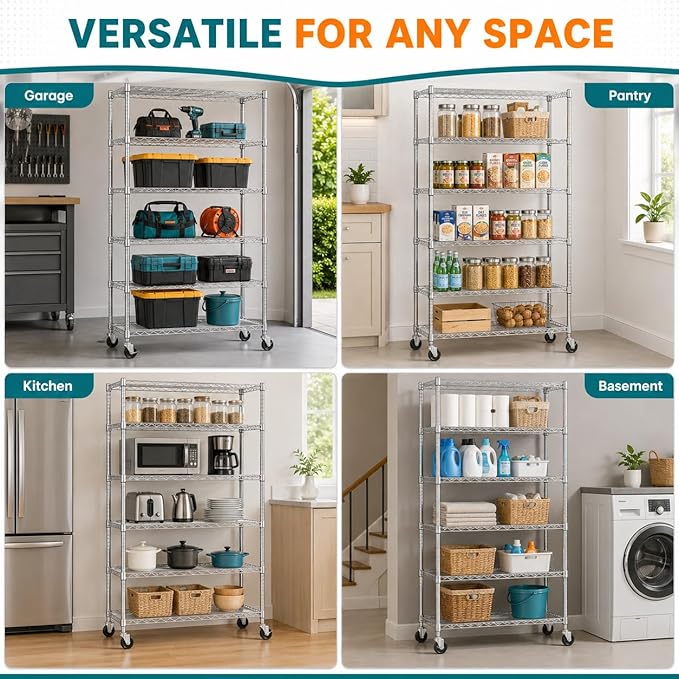6-Tier Heavy Duty Wire Shelving Unit with Wheels or Leveling Feet, 6000 LBS Total Capacity, Adjustable Metal Storage Rack for Garage, Pantry, Kitchen, Basement, 48" W x 18" D x 76" H, Chrome