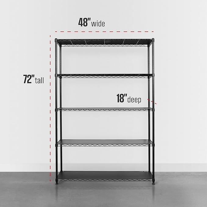 SafeRacks - NSF Certified Storage Shelves, Zinc, Heavy Duty Steel Wire Unit with Adjustable Feet, Garage or Bakers Rack, Kitchen, Pantry Shelf - (48"x18"x72" 5-Tier) (Black)