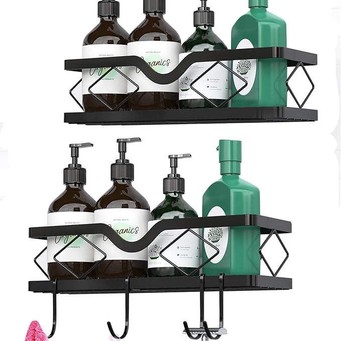 2 Pack Adhesive Shower Caddy Bathroom Shelf, Stainless Steel Shower Organizer Shower Shelves for Inside Shower No Drilling Rustproof Conditioner Shampoo Storage Holder(Black)