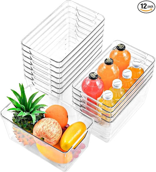 12 Pack Middle Organizers and Storage, Pantry Organization and Storage Bins, Cabinet Organizer, Clear Plastic Storage Containers with Handle，Acrylic Storage Bins for Cabinet, Fridge