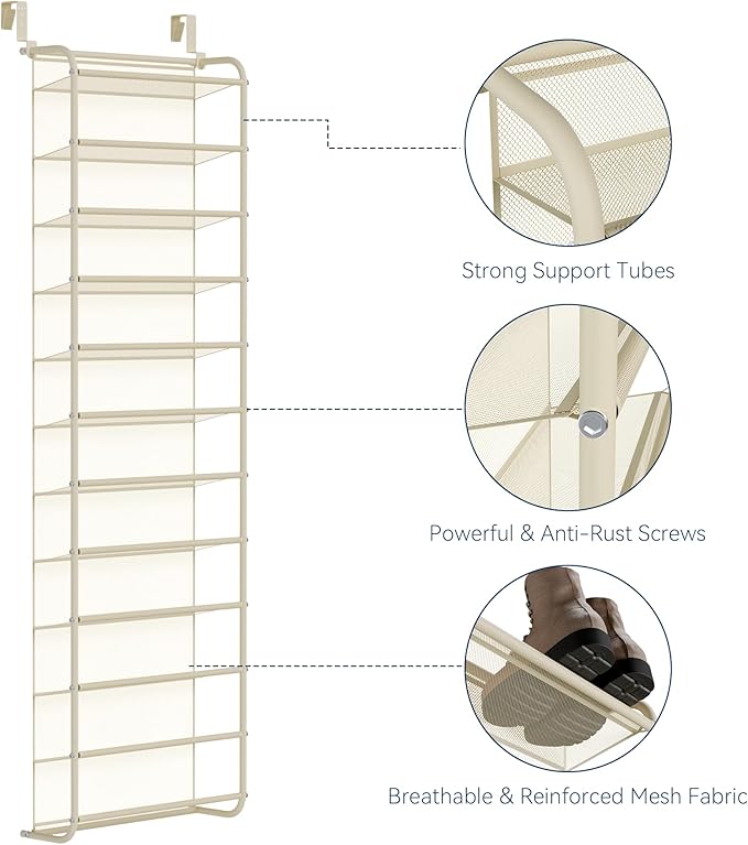Whitmor 36 Pair Over The Door Shoe Organizer, 12 Tier Hanging Shoe Organizer, Heavy Duty Metal & Mesh Shoe Holder, Hanging Shoe Rack for Closet Organizer & Storage, 74"L x 21.7"W x 7.5"H, Beige