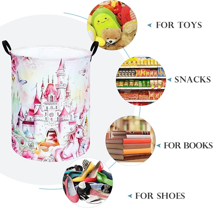 Round Castle Pattern Laundry Hamper Clothes Storage Basket Fabric Storage Hamper Organization Storage Bin, Nursery Box,Gift Basket with Handles