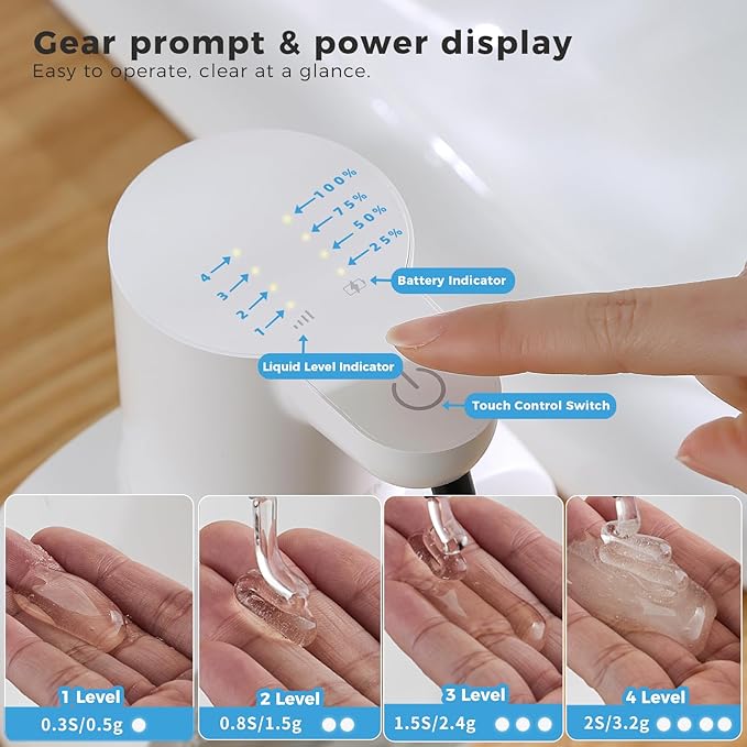 Automatic Liquid Soap Dispenser, 17oz/500ml Touchless Rechargeable with 4-Level Adjustable & IPX5 Waterproof - Level Display for Wall/Tabletop Use in Bathroom, Kitchen, White