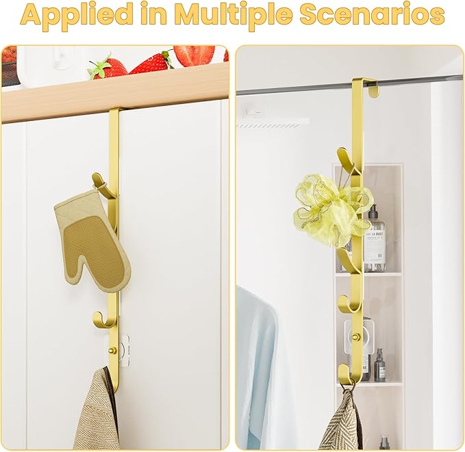 Kaiferty Over The Door Hooks, Metal Door Hooks for Hanging, Over The Door Purse Organizer for Door Coat Hanger, Back of Shower for Hanging Towel Rack Clothes, Hat, Bathroom, Closet (Gold-2Packs)