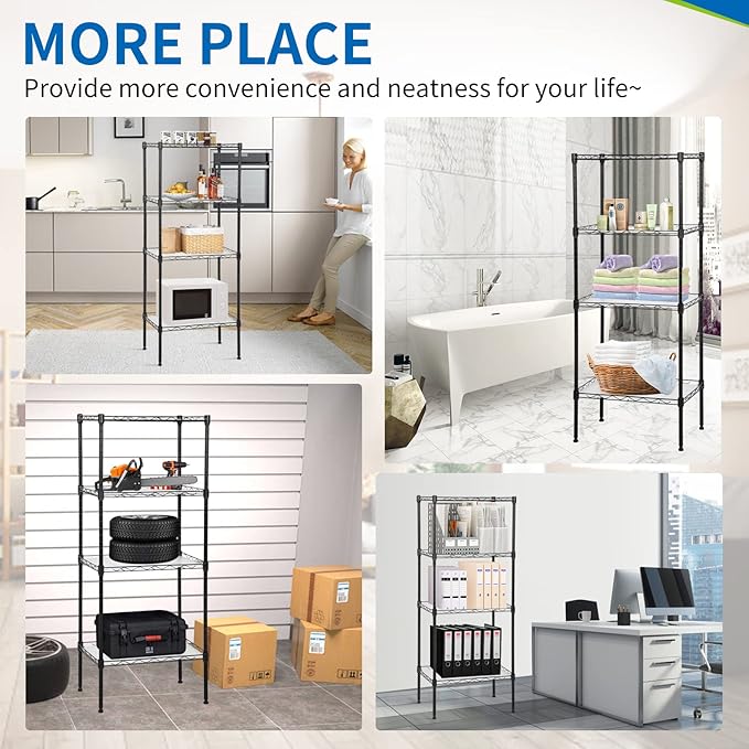 Wire Shelving Unit with PP Liners, 4 Tier Metal Storage Shelves for Laundry Room Organization, Closet Shelf Organizer, Kitchen Rack, Garage Storage, Black, 18" x 12" x 44" ﻿
