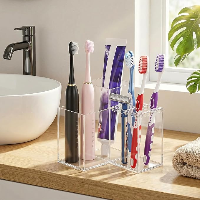 Acrylic Toothbrush Holders for Bathroom, 5 Slots Toothbrush and Toothpaste Storage Organizer Holder, Home Decor for Bathroom Accessories Organizer