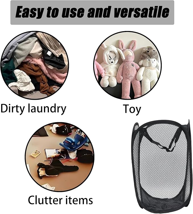 2Pcs Small Laundry Hampers, Folding Popup Mesh Laundry Basket, Collapsible Dirty Clothes Hamper, Portable Mesh Popup Hamper, Ideal for Bedroom, Travel and Home Use (2 Black)