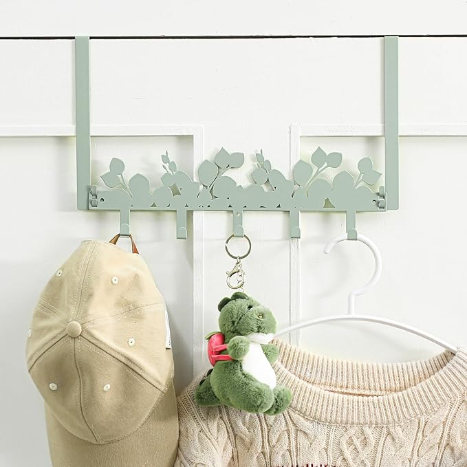 AceOrbit Eucalyptus Green Over The Door Hooks Hanger Wall Mount Towel Hanger Door Holder Organizer 5 Hooks Kawaii Farmhouse Rustic Coquettish Style Decor for Bedroom Bathroom Towel Hat Clothes