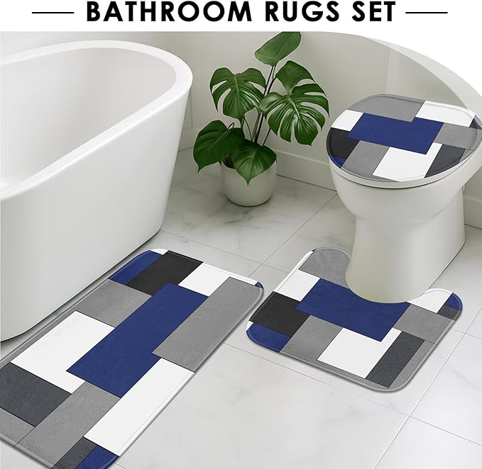 Navy Blue Geometric Shower Curtain Set with Toilet Lid Cover and Non-Slip Rugs for Bathroom, Black White Grey Checkered 4 Pcs Shower Curtain, Modern Abstract Bathroom Set with 12 Hooks