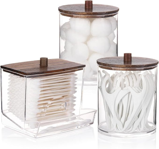 Tbestmax Qtips Dispenser Bathroom Container, 10/12 oz Big Cotton Ball Holder, Apothecary Jar Organizer for Storage Cotton Swab, Round Pads, Floss Picks (Brown Wood Lids)