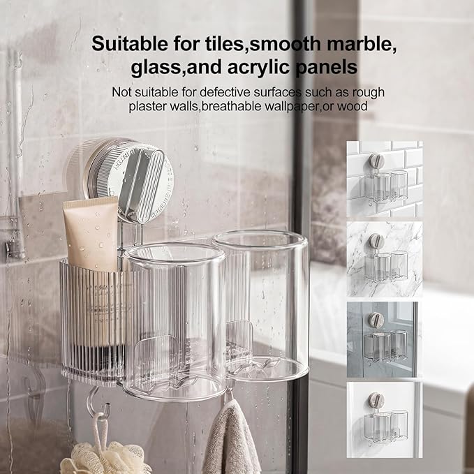 Clear Toothbrush Holder for Bathroom, Multi-Functional 2 Cups Toothbrush Organizer Wall Mounted with 2 Storage Slot and 2 Toothbrush Cups