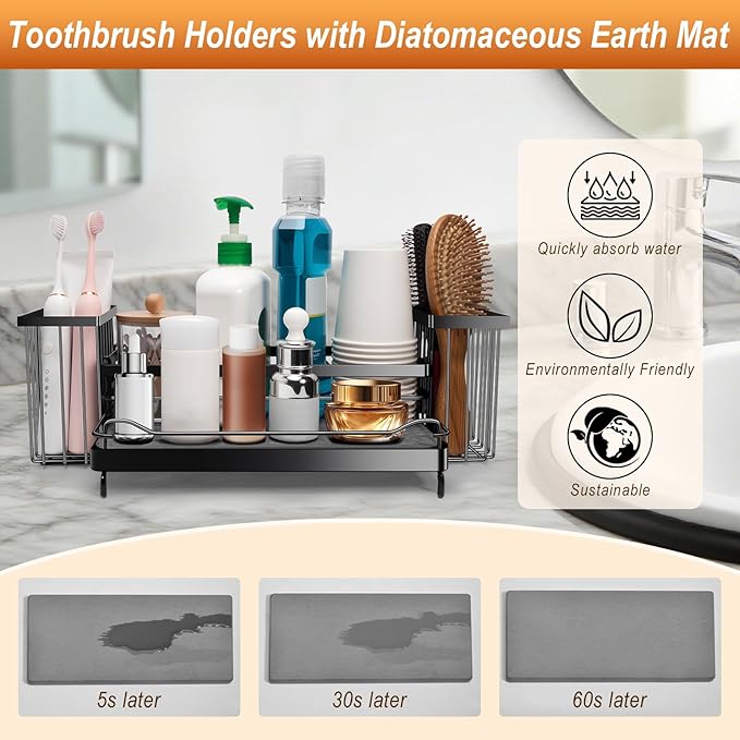 Toothbrush Holders with Instant Drying Stone & 2 Brush Holders, Rustproof Carbon Steel Tooth Brush Holder Sink Caddy, Space Saving Bathroom Countertop Organizer for Storage and Organization-Black