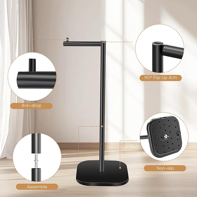 Toilet Paper Holder Stand Freestanding - Matte Black Stainless Steel Bathroom Storage Organizer - Non-Slip Rust Proof Tissue Roll Dispenser for Bathroom